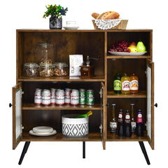 Industrial Wooden Kitchen Storage Cabinet with Tempered Glass Doors-Brown