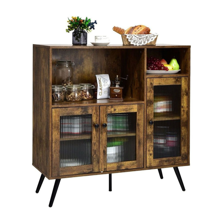 Industrial Wooden Kitchen Storage Cabinet with Tempered Glass Doors-Brown