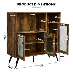 Industrial Wooden Kitchen Storage Cabinet with Tempered Glass Doors-Brown