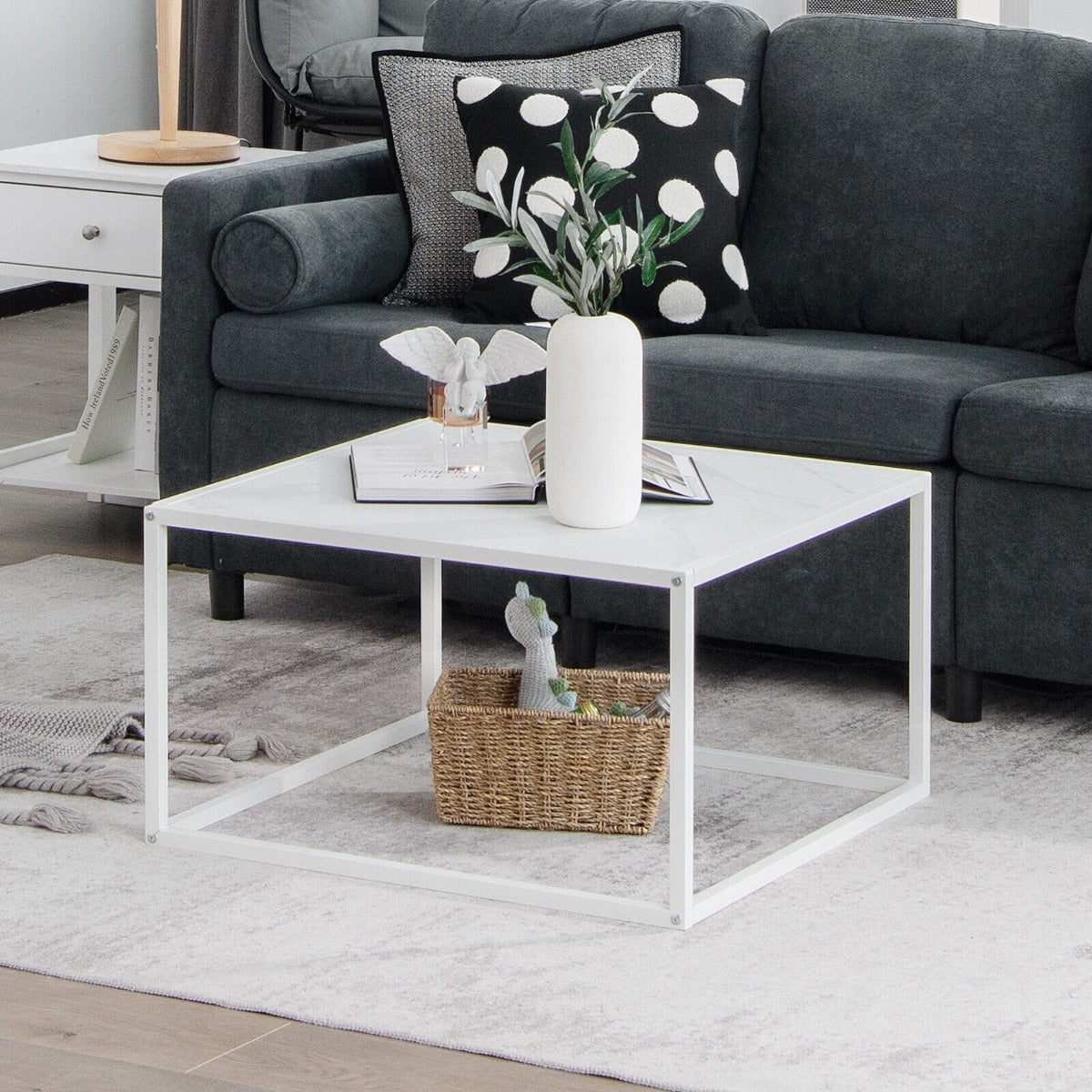 Modern Square Leisure Coffee Table with Faux Marble Tabletop-White