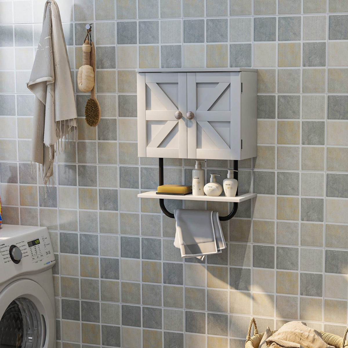 Bathroom Wall Cabinet with Double Door and Open Shelf and Towel Rack-White
