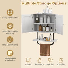 Bathroom Wall Cabinet with Double Door and Open Shelf and Towel Rack-White