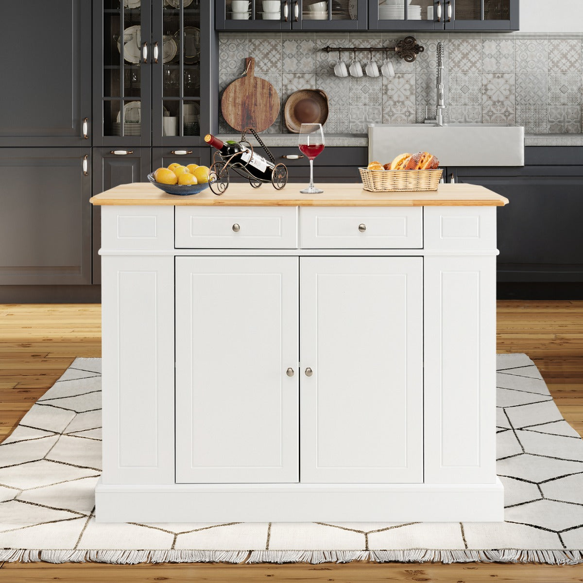 Drop-Leaf Kitchen Island with Extendable Worktop and Adjustable Shelves-White