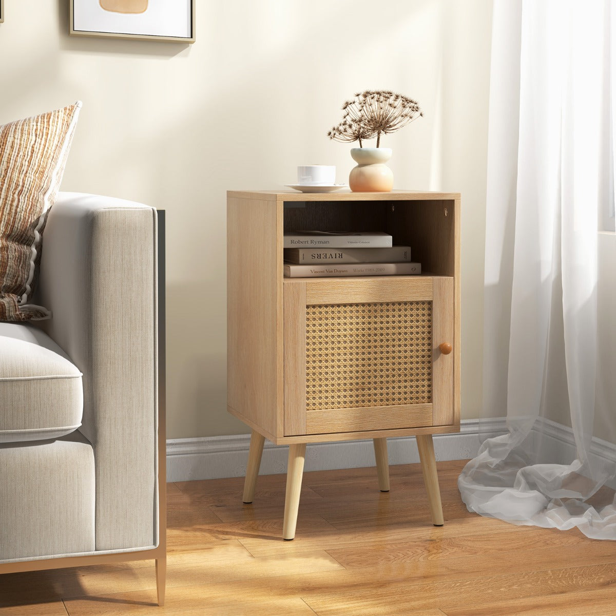 Rattan Nightstand with Storage and PE Rattan Decorated Door-Natural