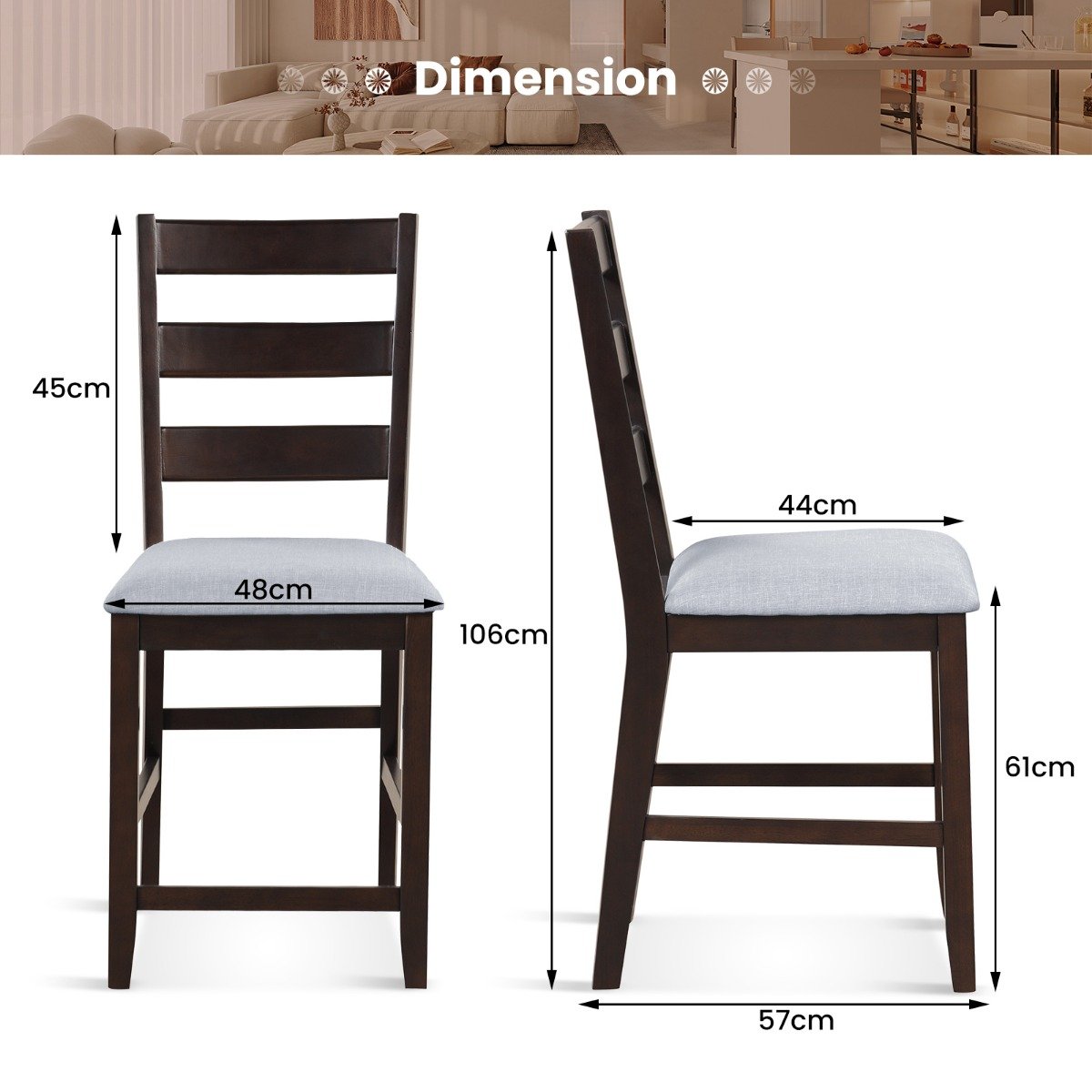 2-Piece Counter Height Bar Stool Set with Padded Seat and Rubber Wood Legs-Brown