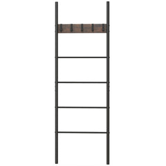 5-Tier Wall Leaning Blanket Ladder with 5 Removable Hooks and Industrial Blanket Holder Rack