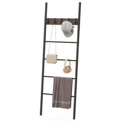5-Tier Wall Leaning Blanket Ladder with 5 Removable Hooks and Industrial Blanket Holder Rack