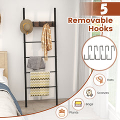 5-Tier Wall Leaning Blanket Ladder with 5 Removable Hooks and Industrial Blanket Holder Rack