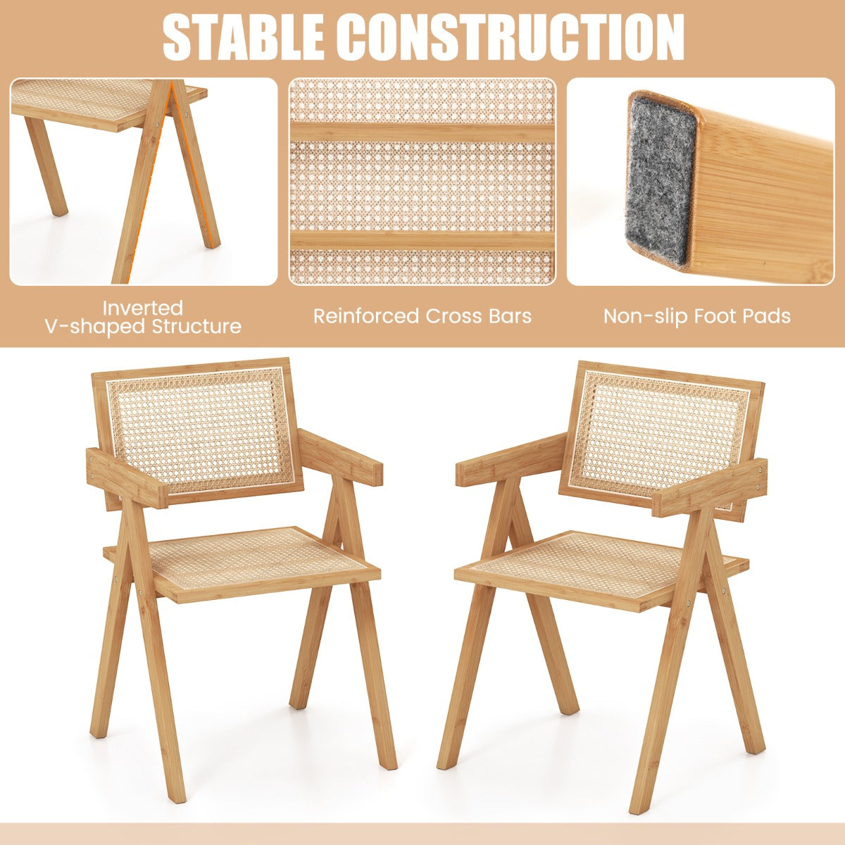Rattan Accent Chairs Set of 2 with Natural Bamboo Frame-Natural
