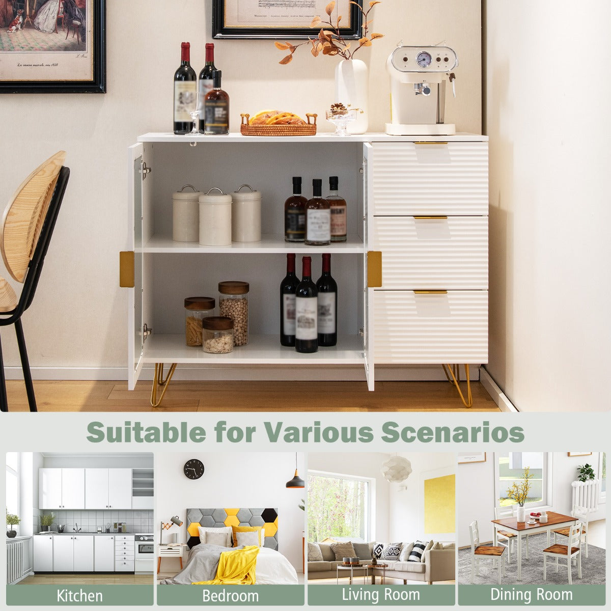 Modern Sideboard Storage Cabinet with 2 Glass Doors and 3 Drawers-White