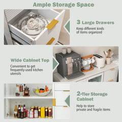 Modern Sideboard Storage Cabinet with 2 Glass Doors and 3 Drawers-White