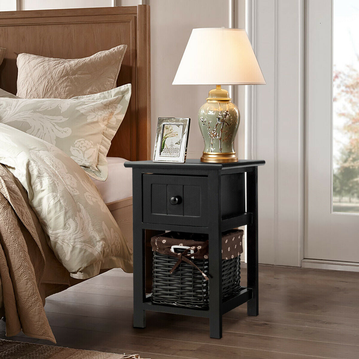 Elegant 2-Layer Wood Bedside End Table Nightstand
