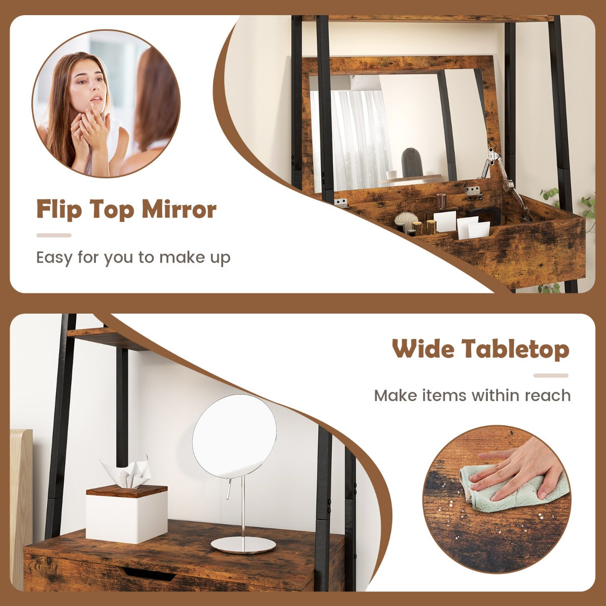 Vanity Table Set with Flip Top Mirror and Cushioned Stool-Black