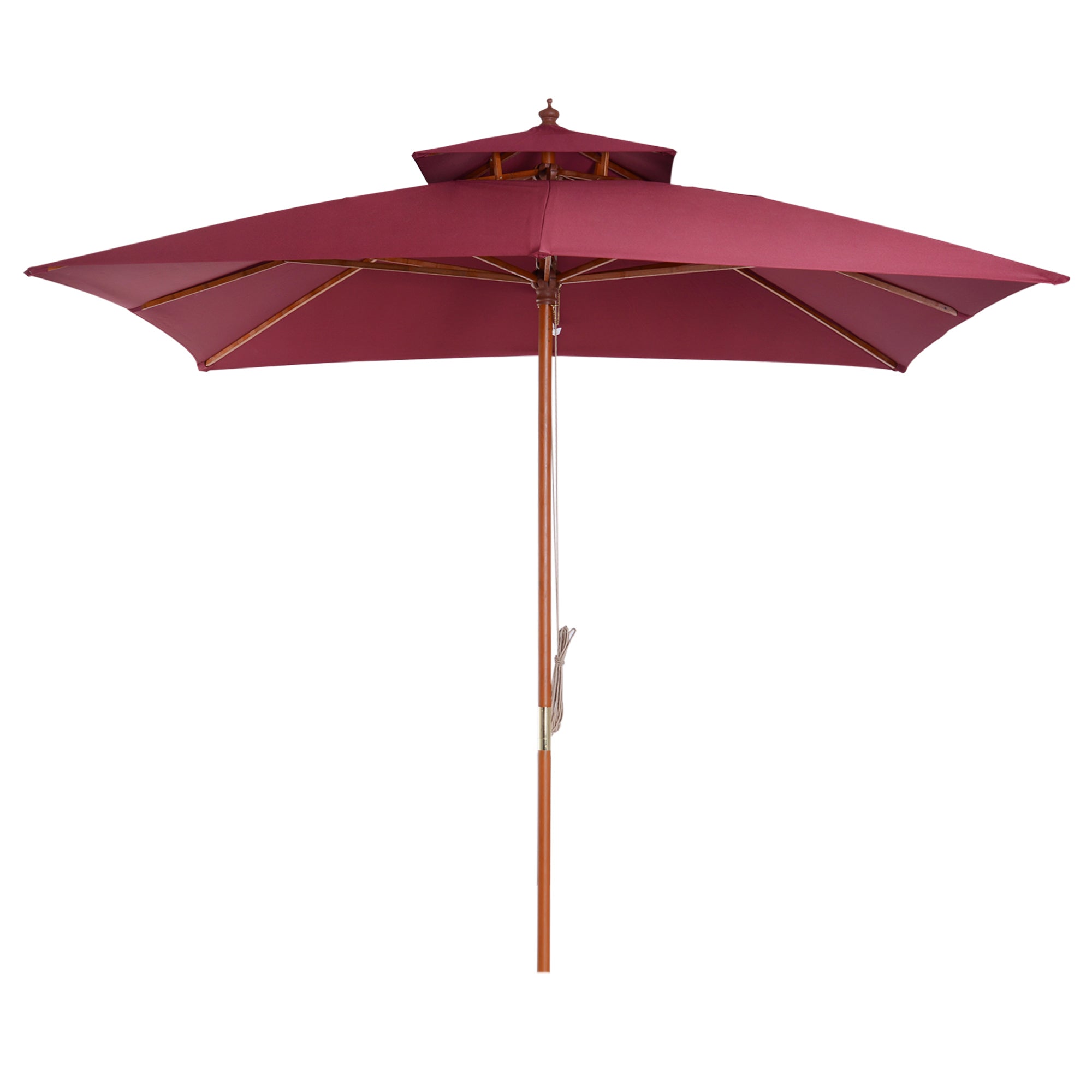 Outsunny 3 x 3(M) Garden Parasol Umbrella Sunshade, Outdoor Wooden Parasol with Double Tier Canopy, Wine Red