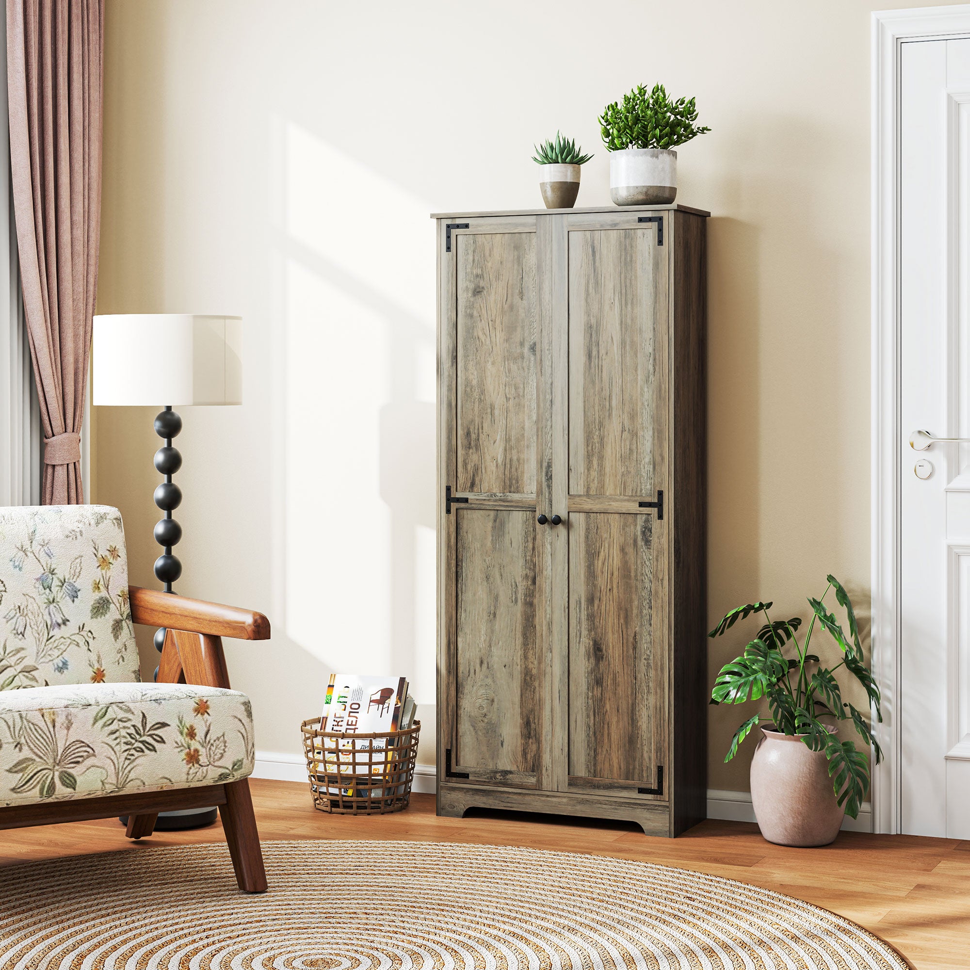 HOMCOM Farmhouse Kitchen Cupboard, Freestanding Kitchen Storage Cabinet with Adjustable Shelves, Tall Storage Cabinet with Recessed Doors, Grey Wood-Effect