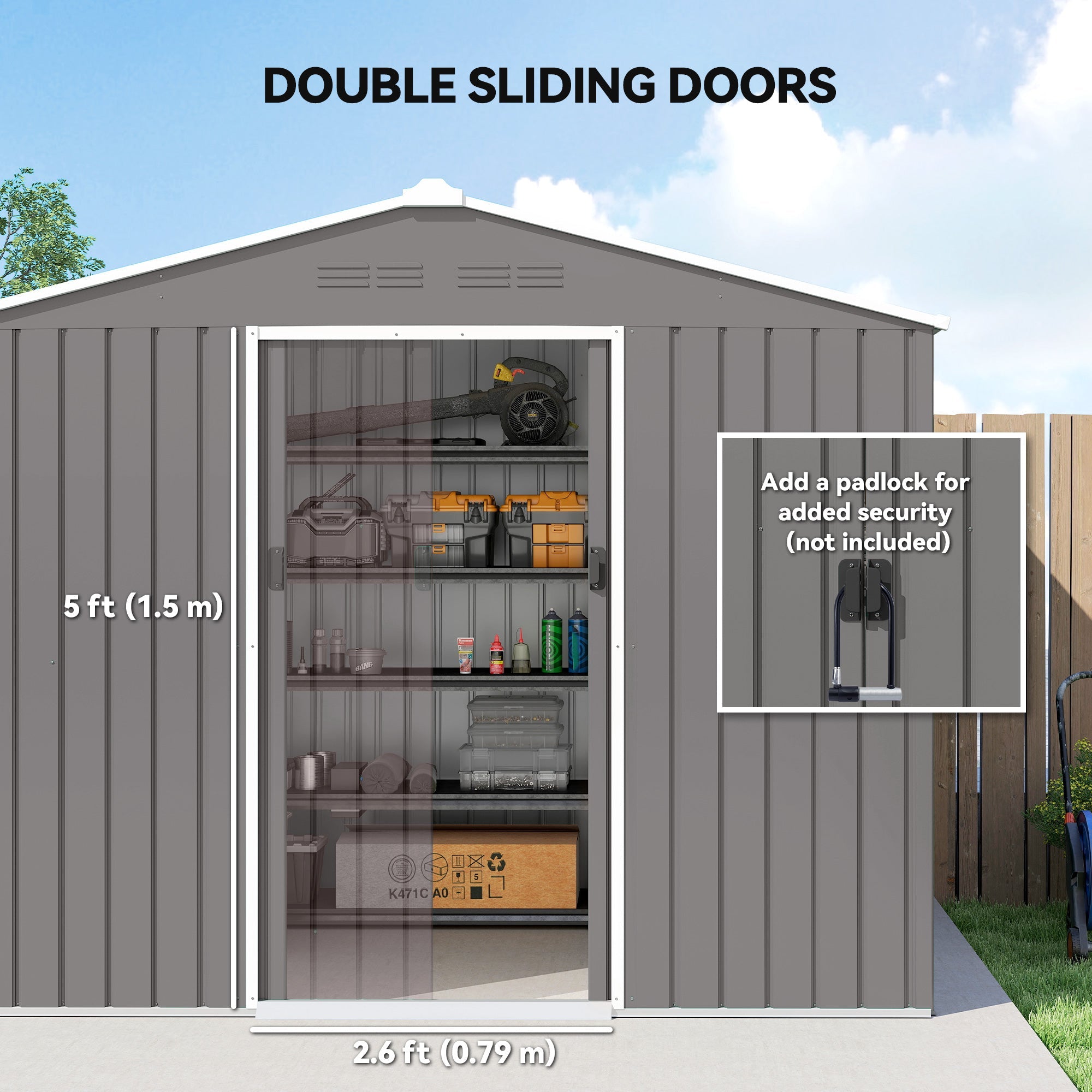 Outsunny 8 x 6ft Galvanised Steel Shed, with Double Door - Light Grey