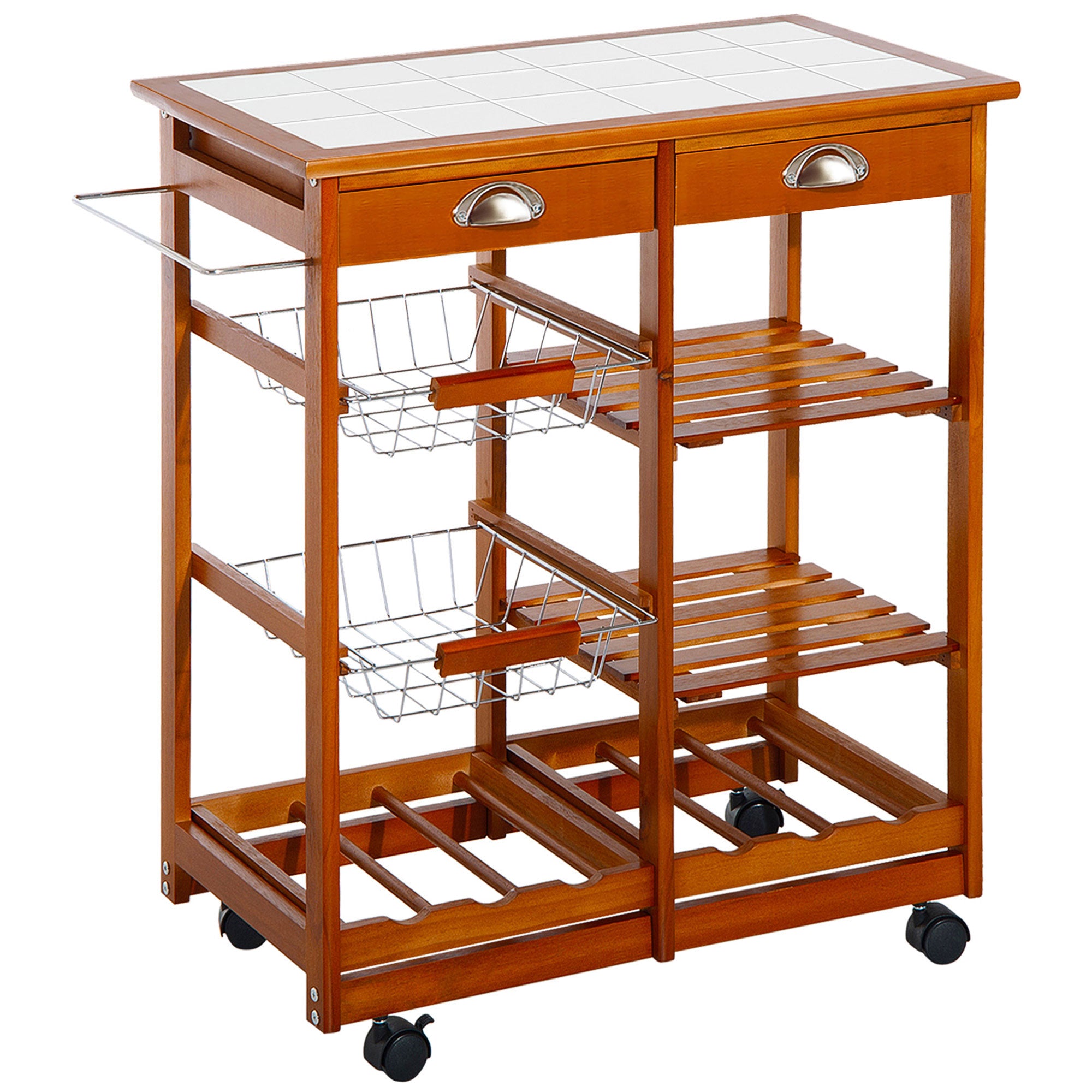 HOMCOM Rolling Kitchen Island Trolley Cart Drawer Shelves Basket Wheels W/ 6 Bottle Wine Rack, Honey Colour