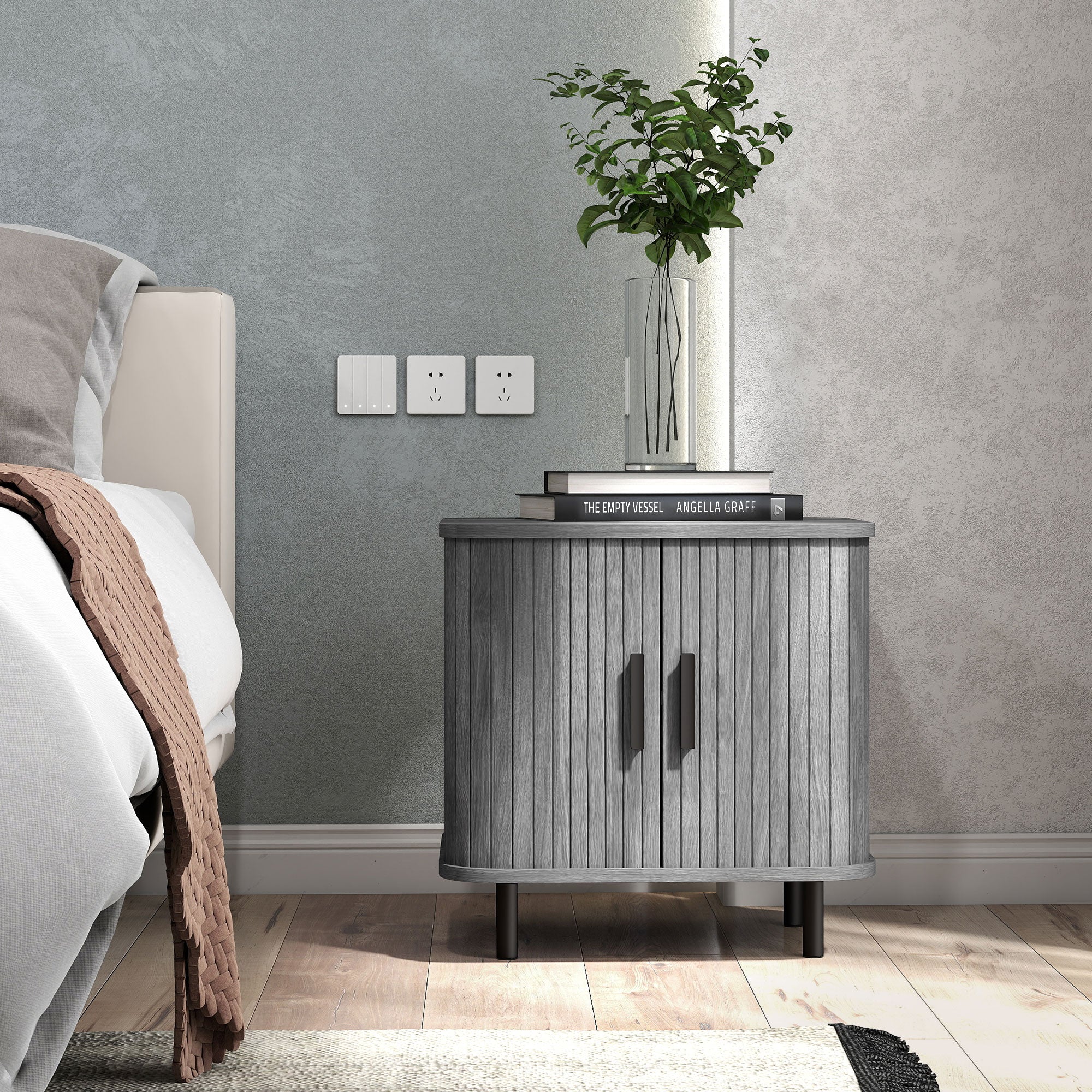 HOMCOM Bedside Table, Nordic Side Table with Roller Shutter Style Sliding Doors and Metal Legs for Bedroom, Living Room, Grey