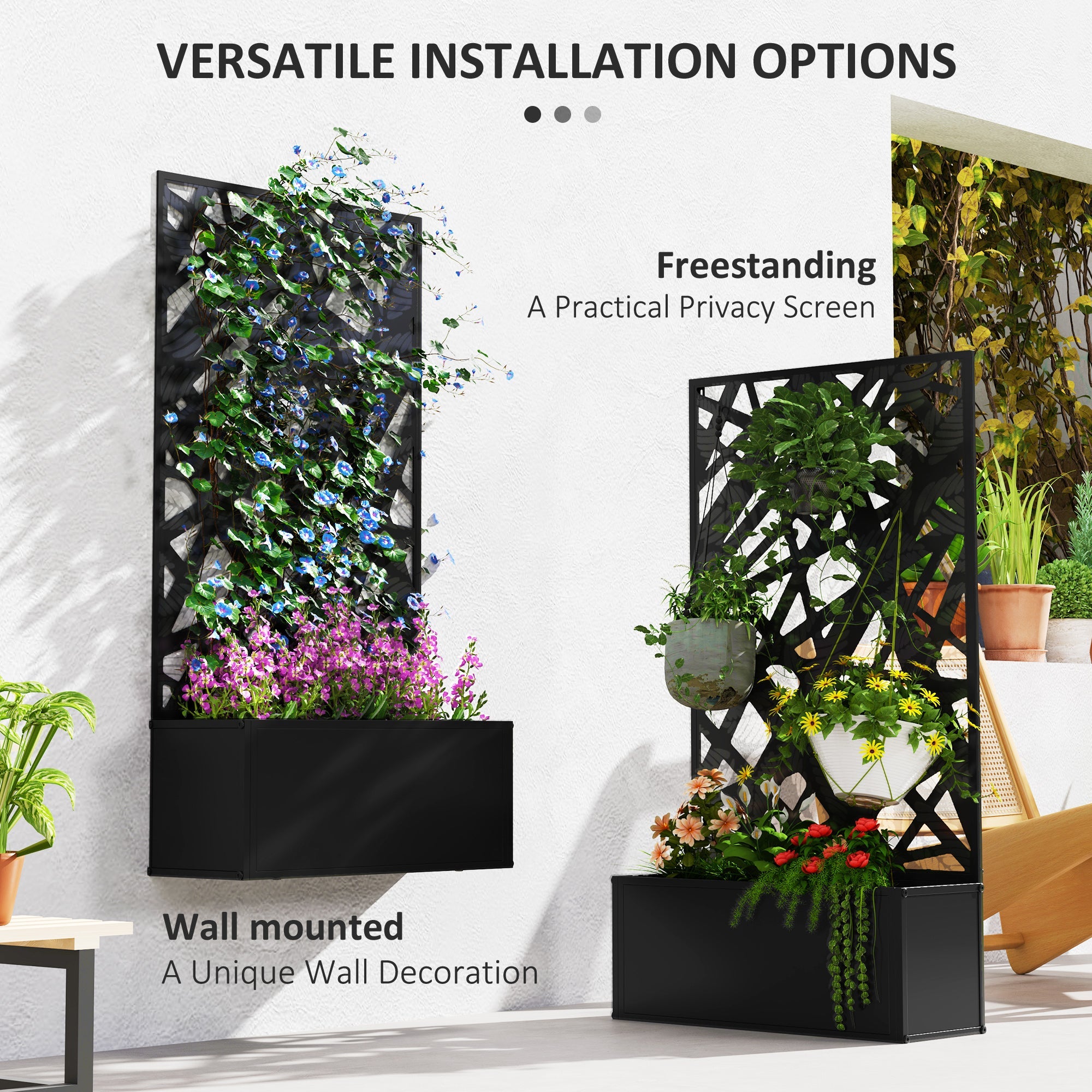 Outsunny Outdoor Metal Planter, with Back Trellis - Black