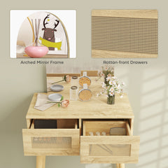 HOMCOM Dressing Table, Compact Vanity Desk with Mirror and 2 Drawers, Natural Wood Finish