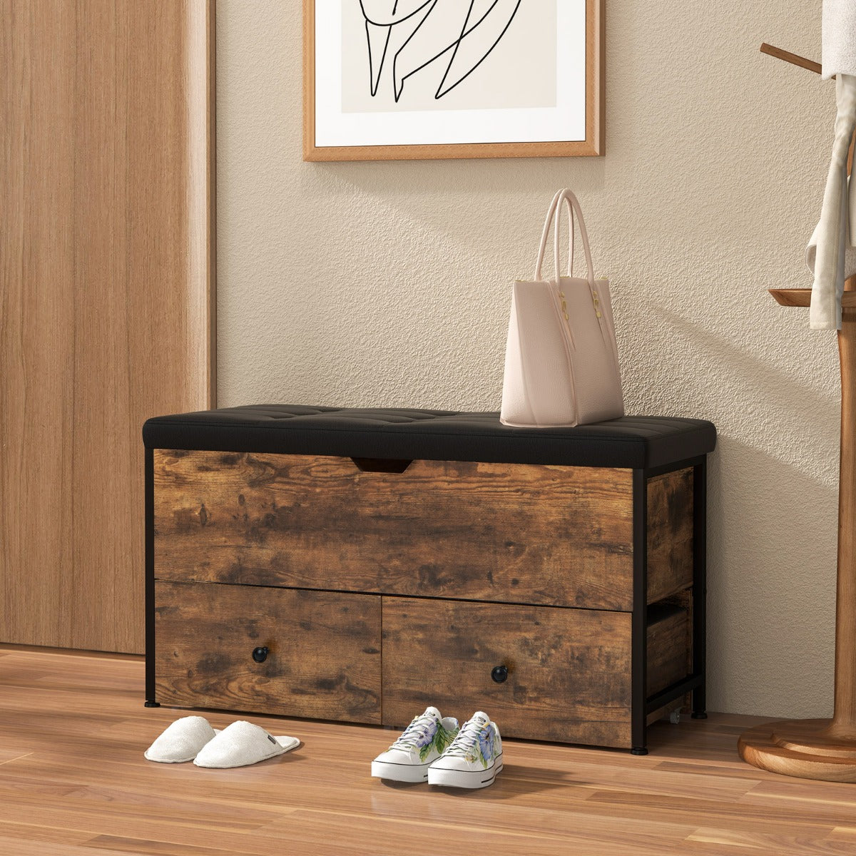 Storage Ottoman Bench with Padded Seat Cushion and 2 Drawers-Rustic brown