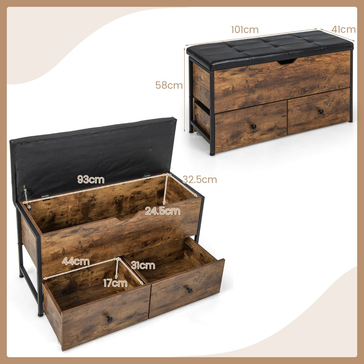 Storage Ottoman Bench with Padded Seat Cushion and 2 Drawers-Rustic brown