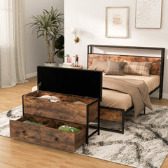 Storage Ottoman Bench with Padded Seat Cushion and 2 Drawers-Rustic brown