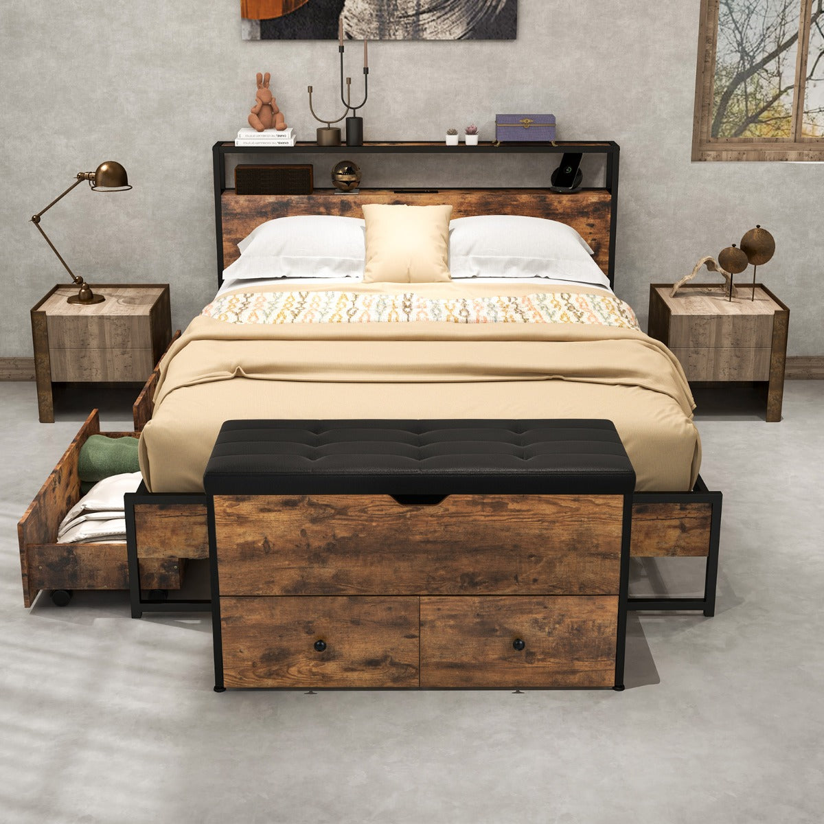 Storage Ottoman Bench with Padded Seat Cushion and 2 Drawers-Rustic brown