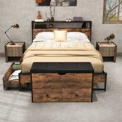 Storage Ottoman Bench with Padded Seat Cushion and 2 Drawers-Rustic brown