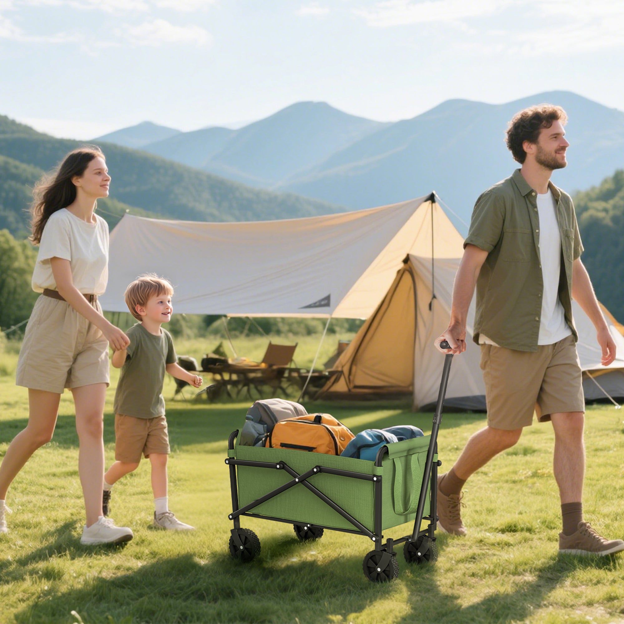 Outsunny 41L Festival Trolley on Wheels, Small Garden Folding Trolley Cart, 60kg Heavy Duty Collapsible Folding Wagon with Adjustable Handle and Carrying Bag for Beach, Camping, Festival, Green