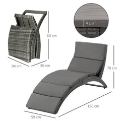Outsunny Outdoor Foldable PE Rattan Sun Lounger with Soft Padded Cushion, Ergonomic Curved Design Sun Bed for Balcony