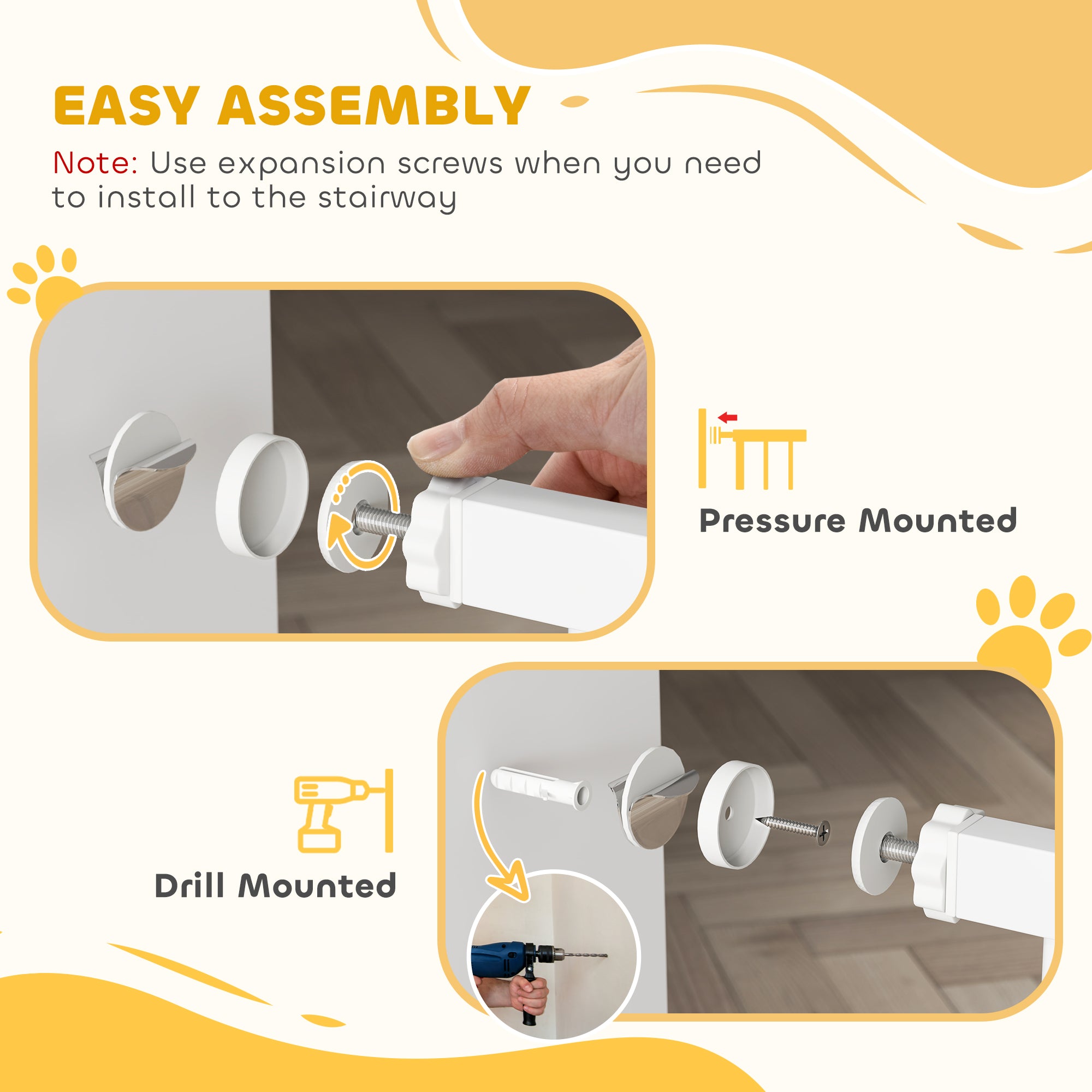PawHut Dog Gate Pet Safety Gate Stair Barrier Pressure Fit Adjustable 76-82/86-97/101-107 cm, White