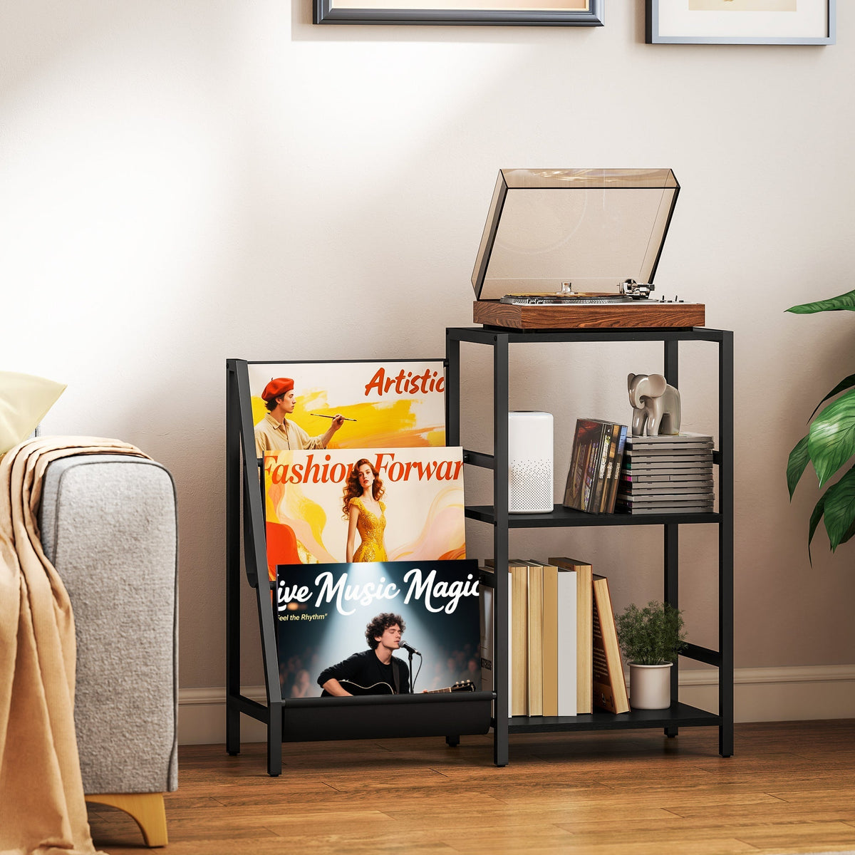 HOMCOM 3-Tier Record Player Stand, End Table for Living Room, Bedroom - Black Wood Effect