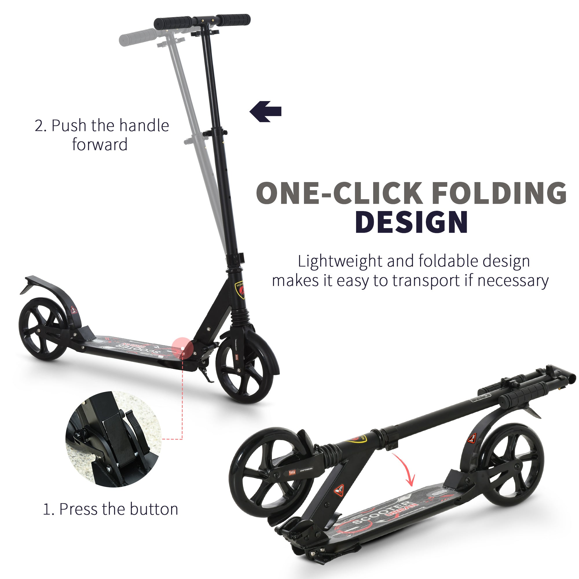 HOMCOM Folding Kick Scooter, Adjustable Ride On Scooter with 200mm Big Wheels and Double Shock Absorption, Urban Scooter for 14+ Teens Adult, Black