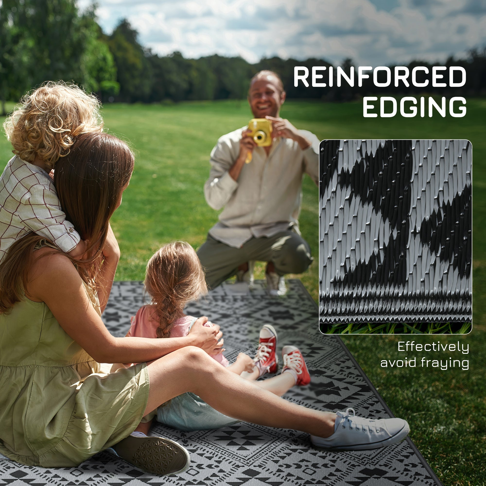 Outsunny 182 x 274cm Reversible Patterned Outdoor Rug, with Bag - Black/Grey