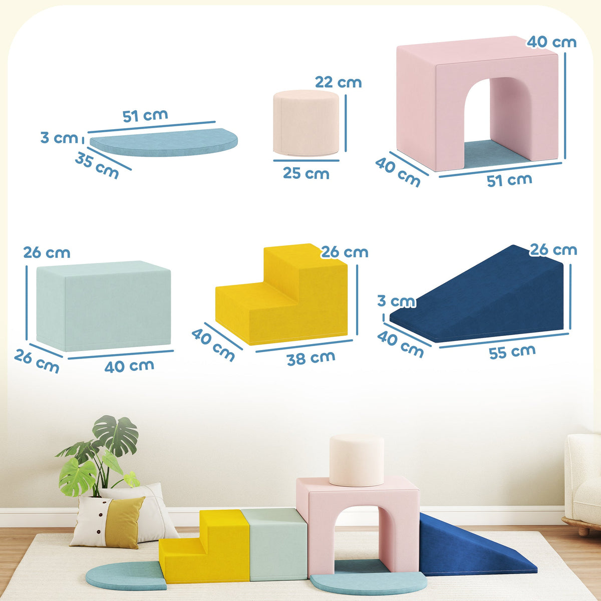 AIYAPLAY 8-Piece Foam Play Blocks for Kids, Soft Motor Skill Blocks with Washable Velvet Covers, Indoor Climbing Set, Multicolor