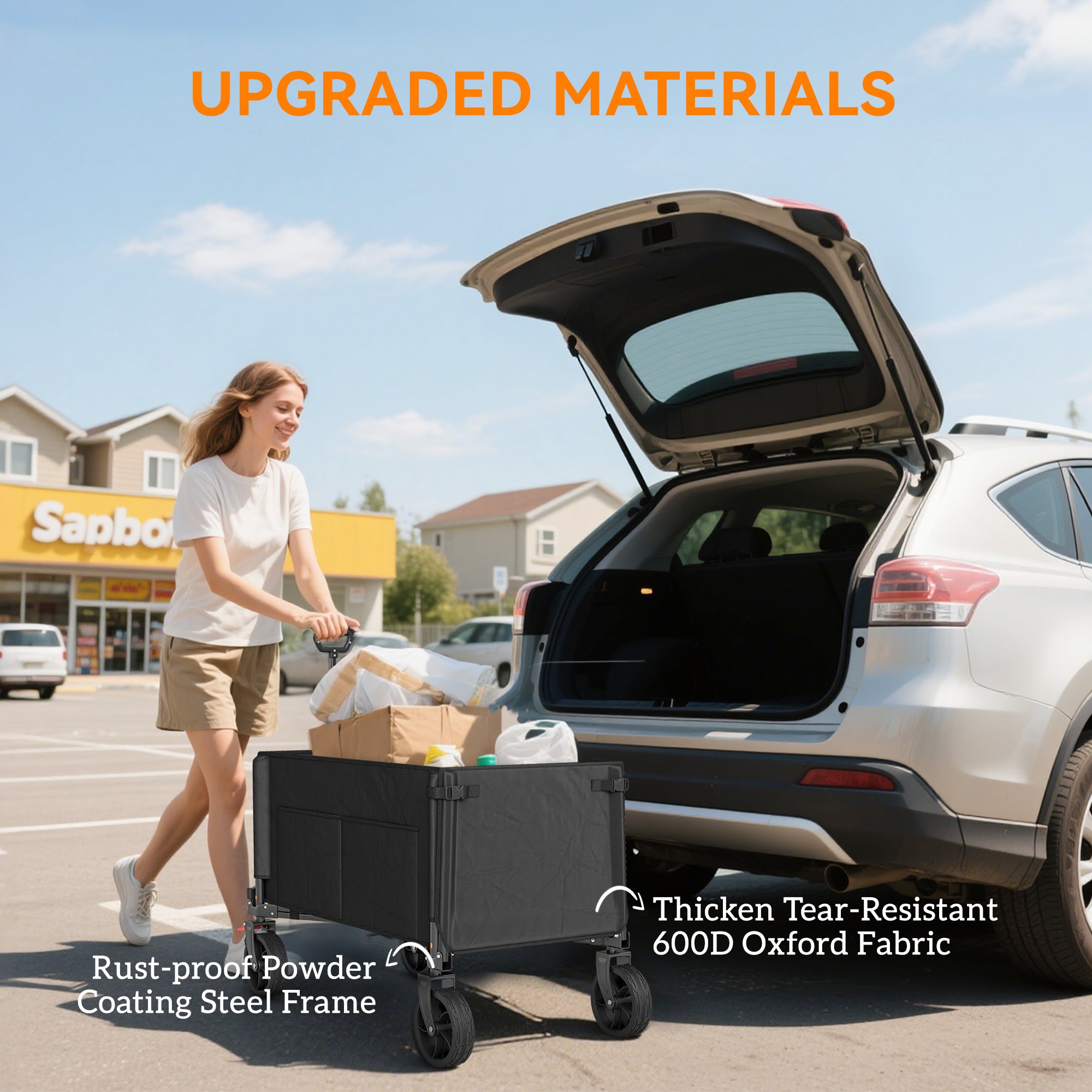 Outsunny Festival Trolley on Wheels, 150L Folding Camping Trolley Cart with Openable Sides, Adjustable Handle and Brakes for Shopping Beach Garden Fishing, Black