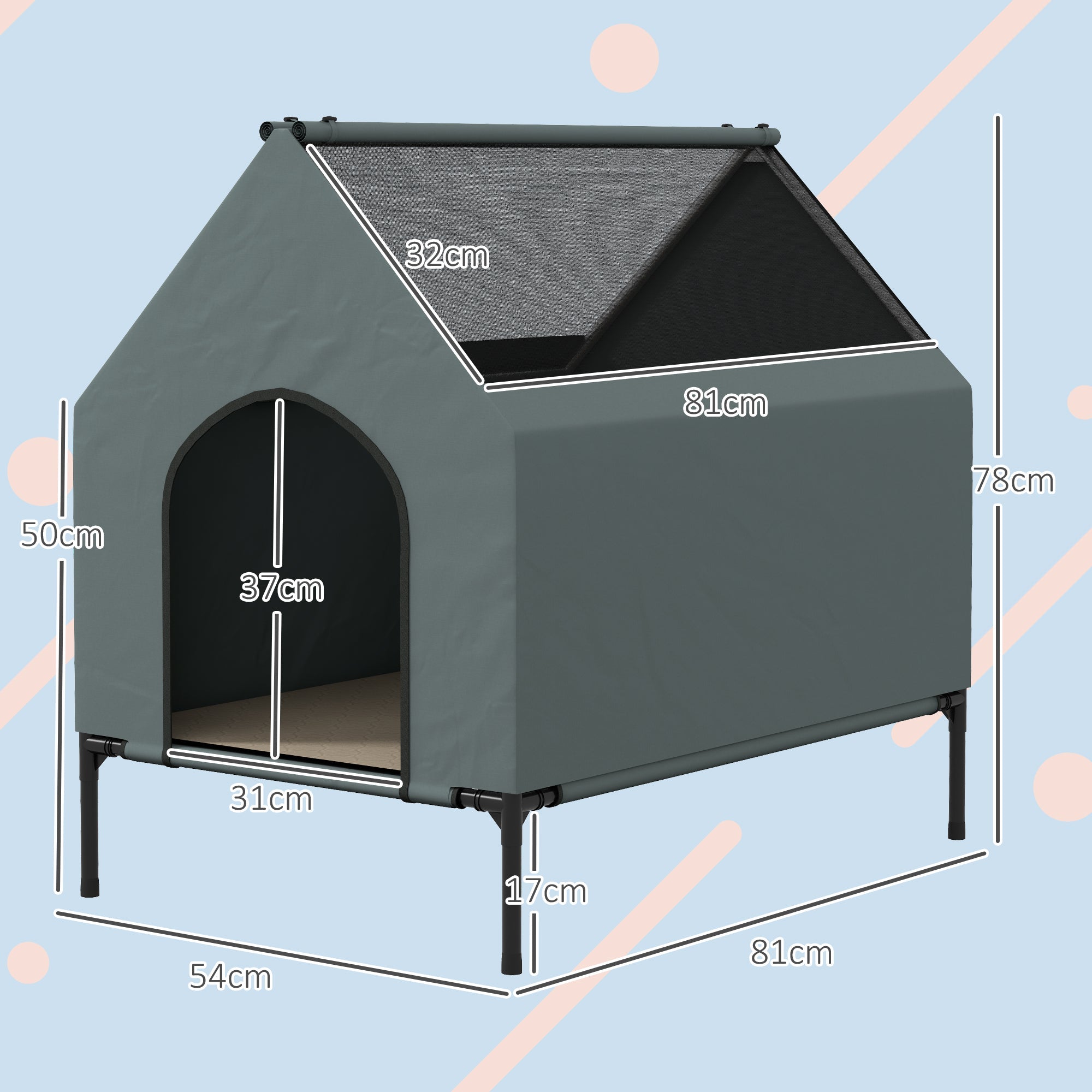 PawHut Dog House Outdoor Elevated Dog Bed with Removable Cover, Mesh Windows, Storage Bag, for S and M-Sized Dogs, Grey