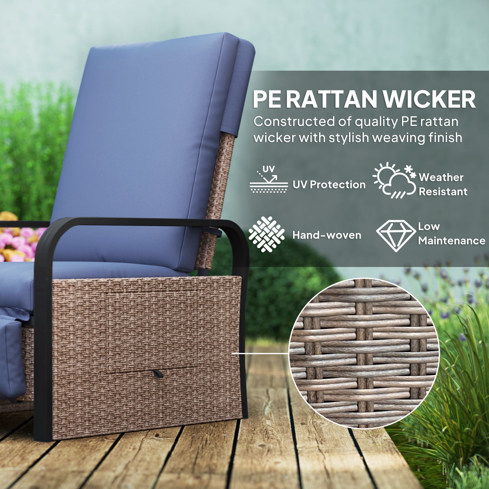 Outsunny 140 Reclining Rattan Armchair - Brown/Blue