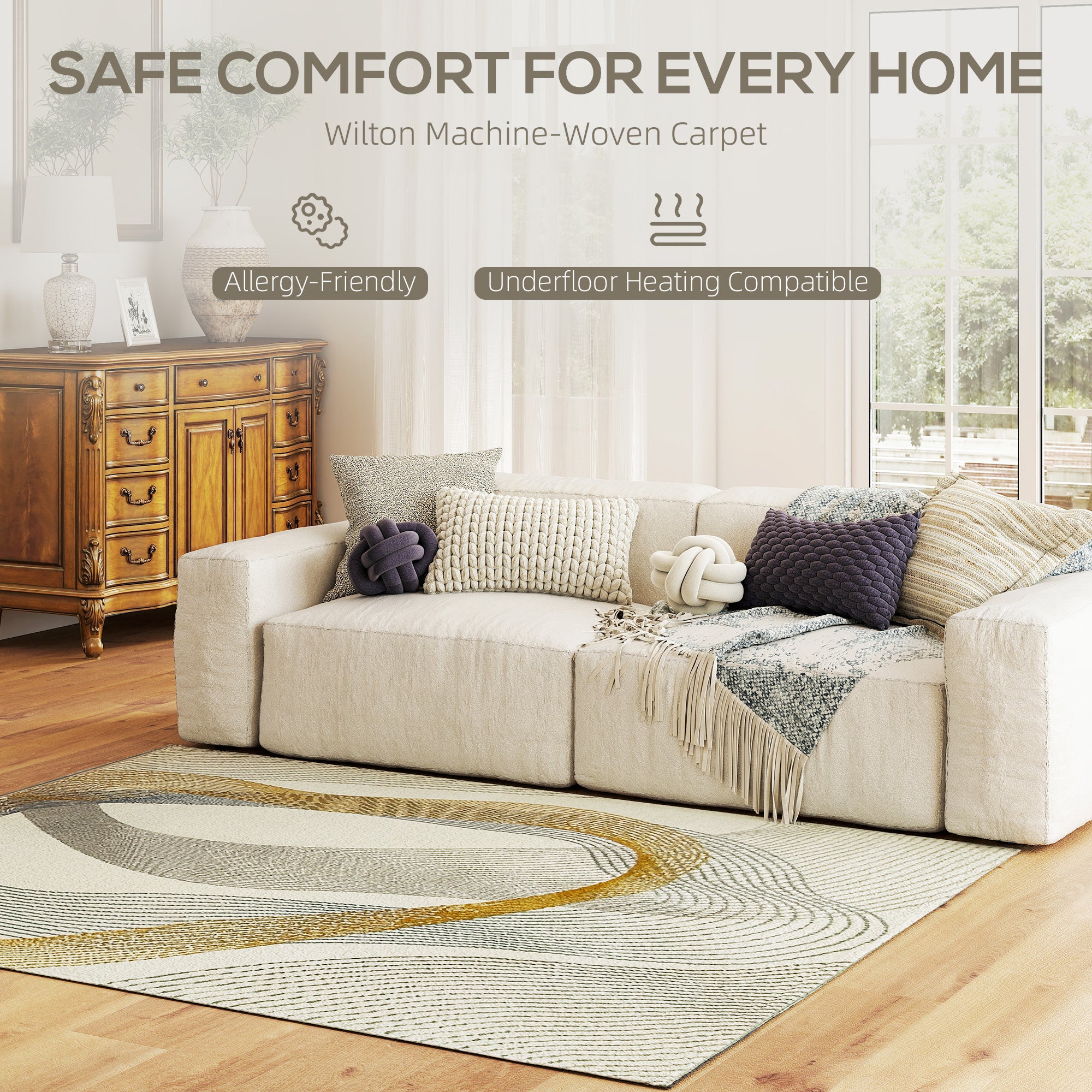 HOMCOM Modern Area Rug, Machine Washable Rug, Allergy-Friendly Floor Carpet for Living Room, Bedroom, Dining Room, Home Office, 170 x 120 cm, Cream White