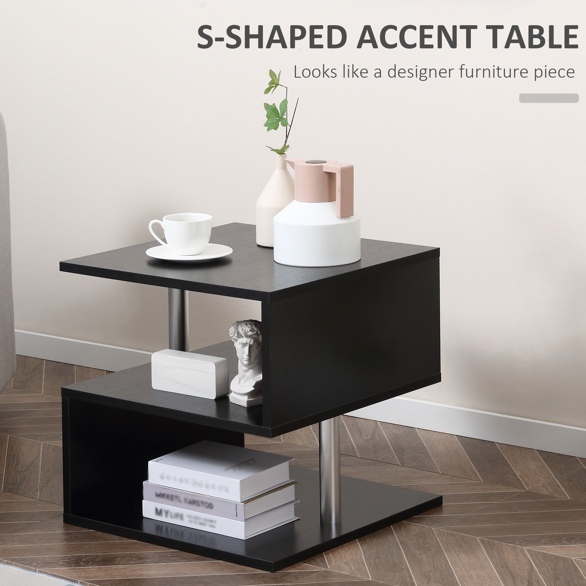 HOMCOM Wooden S Shape Cube Coffee Table 2 Tier Storage Shelves Organiser Office Bookcase Living Room End Desk Stand Display Set of 2 (Black)
