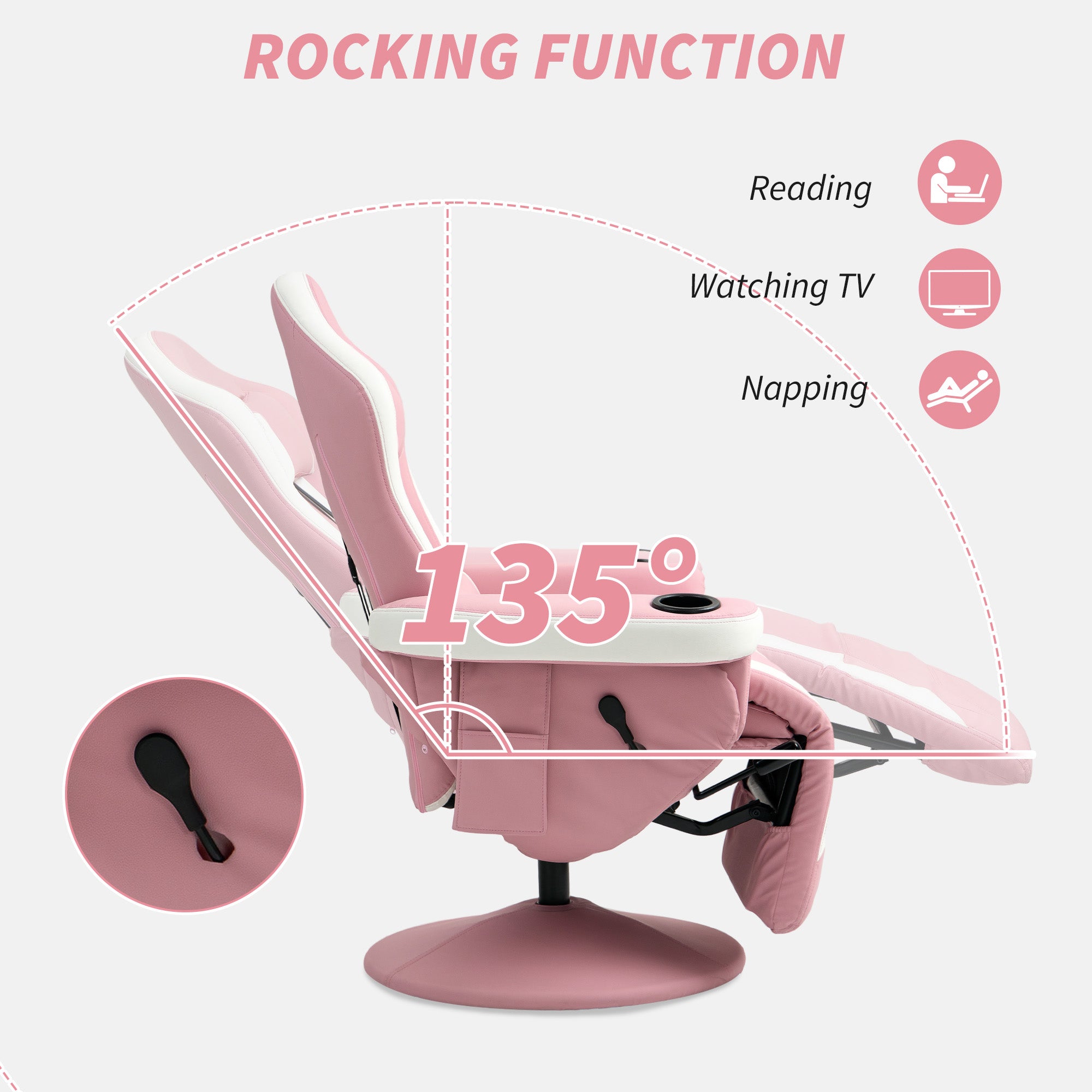 HOMCOM Manual Recliner Armchair PU Leather Lounge Chair w Adjustable Leg Rest, 135√Ç¬∞ Reclining Function, 360√Ç¬∞ Swivel, Pink