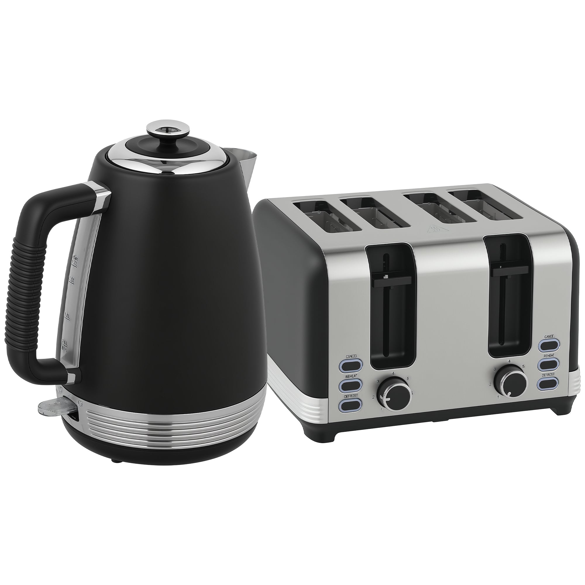 HOMCOM Stainless Steel Kettle and Toaster Set, 1.7L 3000W Rapid Boil Jug Kettle with UK Strix Thermostat, Limescale Filter, 4 Slice Toaster with 7 Browning Controls, Crumb Tray, Black and Silver Tone