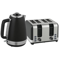 HOMCOM Stainless Steel Kettle and Toaster Set, 1.7L 3000W Rapid Boil Jug Kettle with UK Strix Thermostat, Limescale Filter, 4 Slice Toaster with 7 Browning Controls, Crumb Tray, Black and Silver Tone