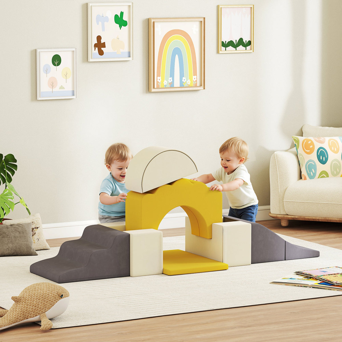 AIYAPLAY 7 Piece Kids Soft Play Set with Detachable Cover, Baby Indoor Climb and Crawl Foam Toy for Toddlers, Yellow
