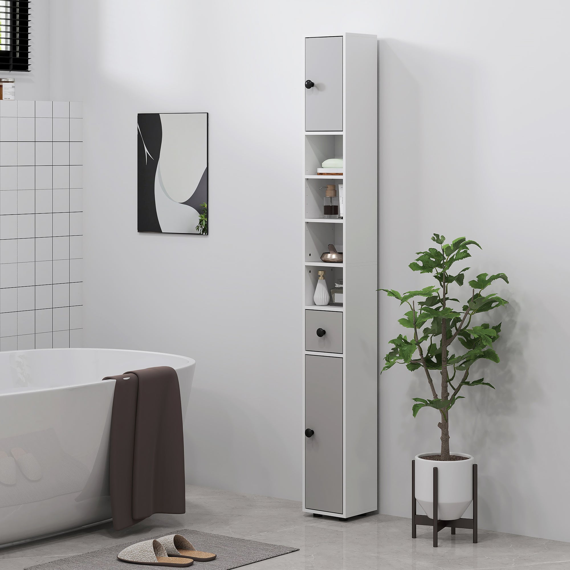 kleankin 180cm Slim Bathroom Cabinet, with Drawer, Shelves and Cupboards - Light Grey