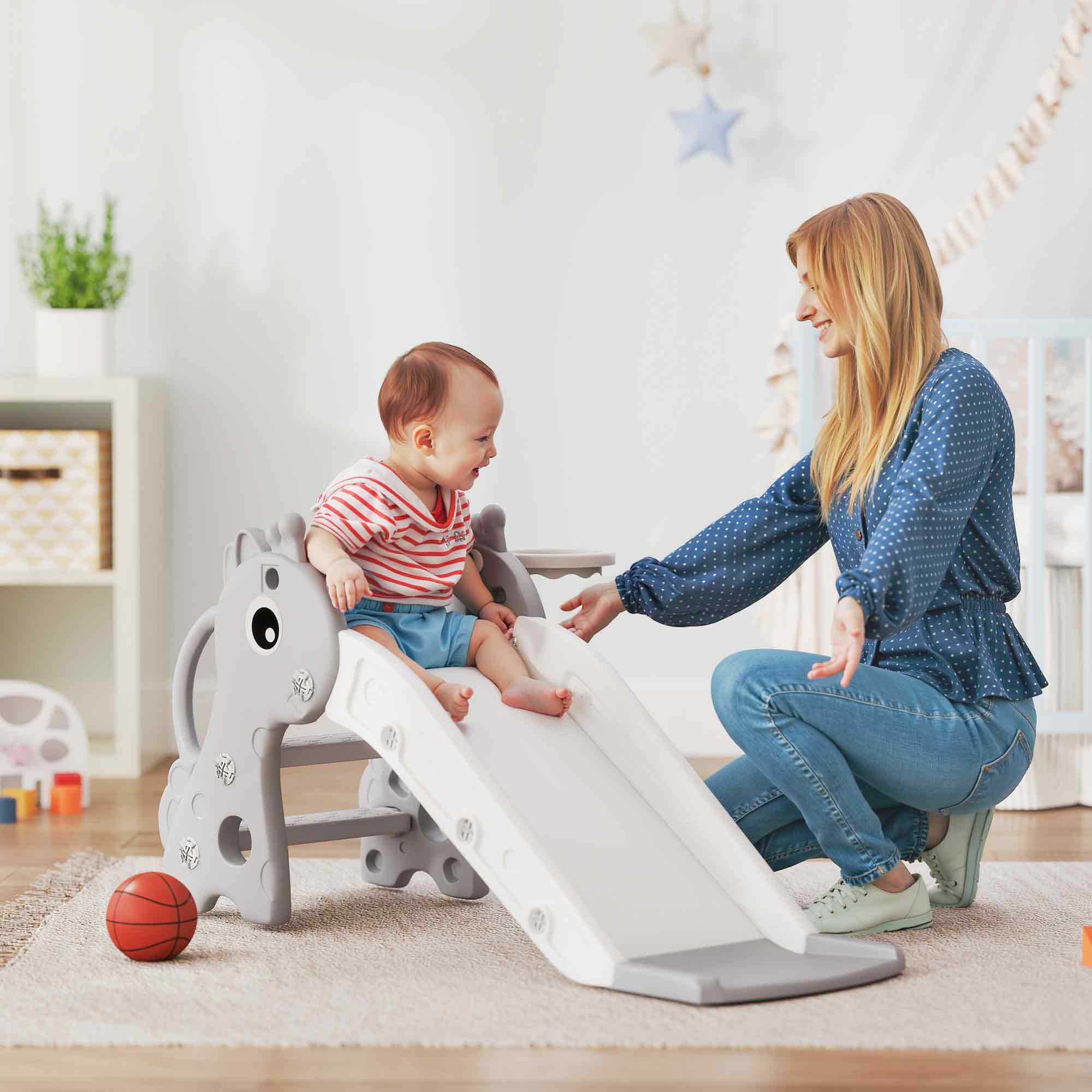 AIYAPLAY 3 in 1 Kids Slide with Climber, Basketball Hoop and Ball, Giraffe Shape Climber Slide for Indoor Kids Age 1-3, Grey