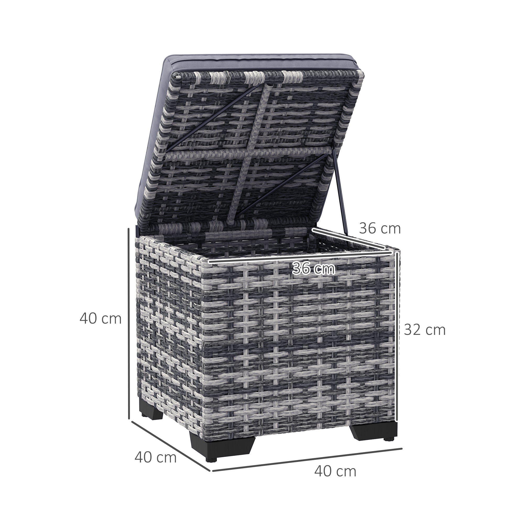 Outsunny Set of 2 Rattan Storage Ottoman, Outdoor Footstool with Removable Cushions, Garden Storage Seat for Balcony, Porch, Living Room, Dark Grey