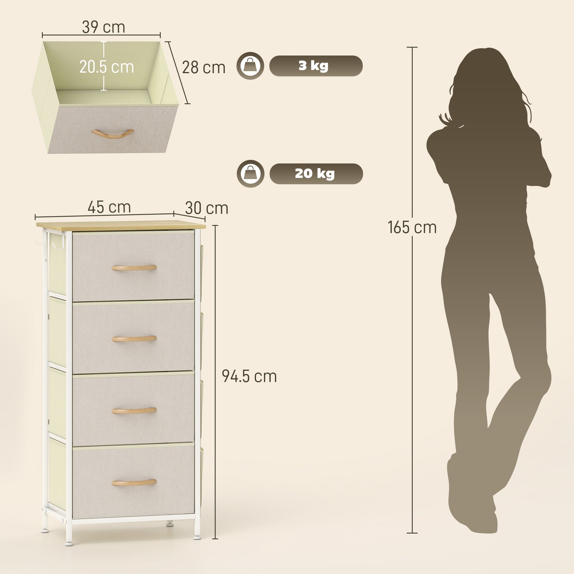HOMCOM Chest of Four Fabric Drawers - Beige