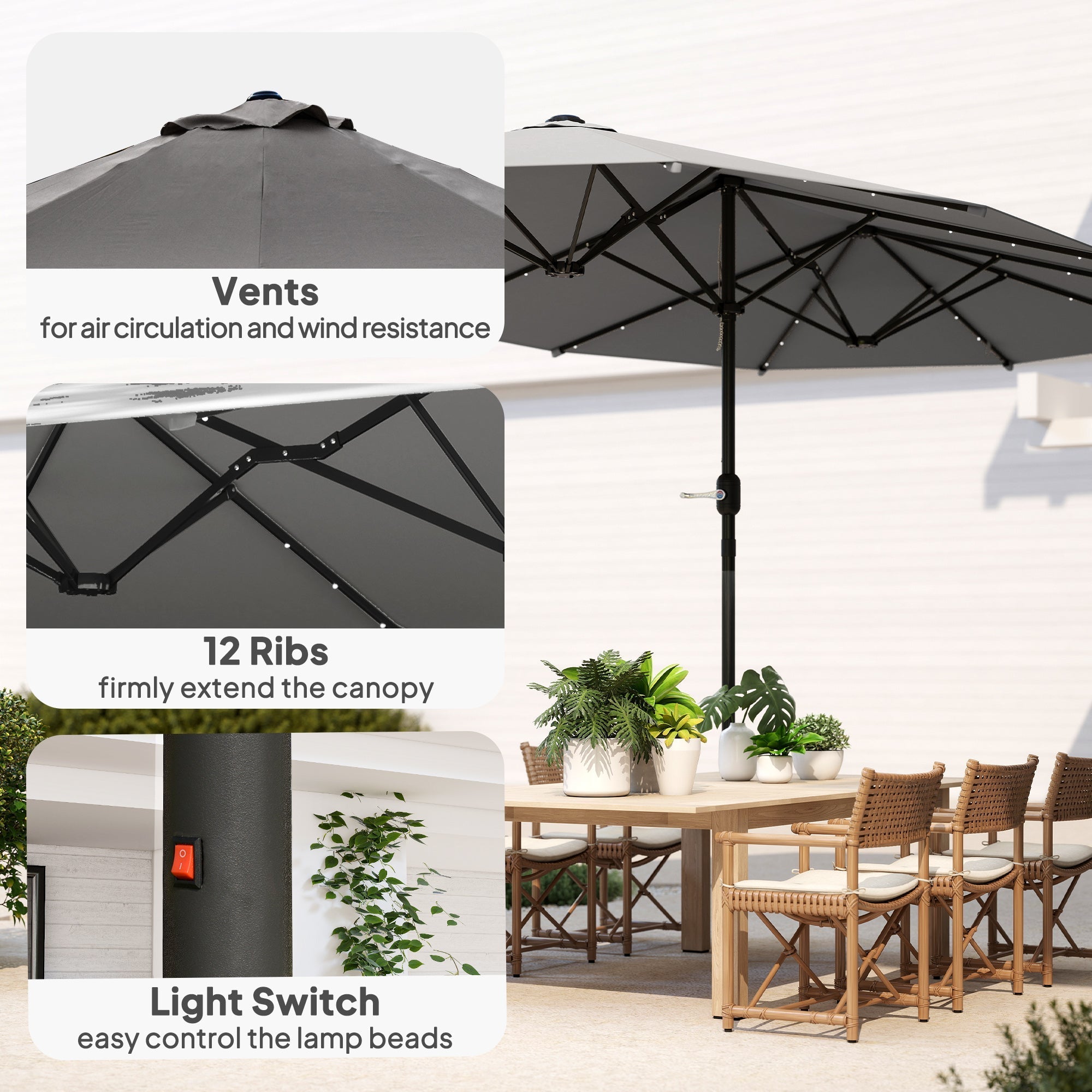 Outsunny 4.4m Double-Sided Sun Umbrella Patio Parasol LED Solar Lights Dark Grey